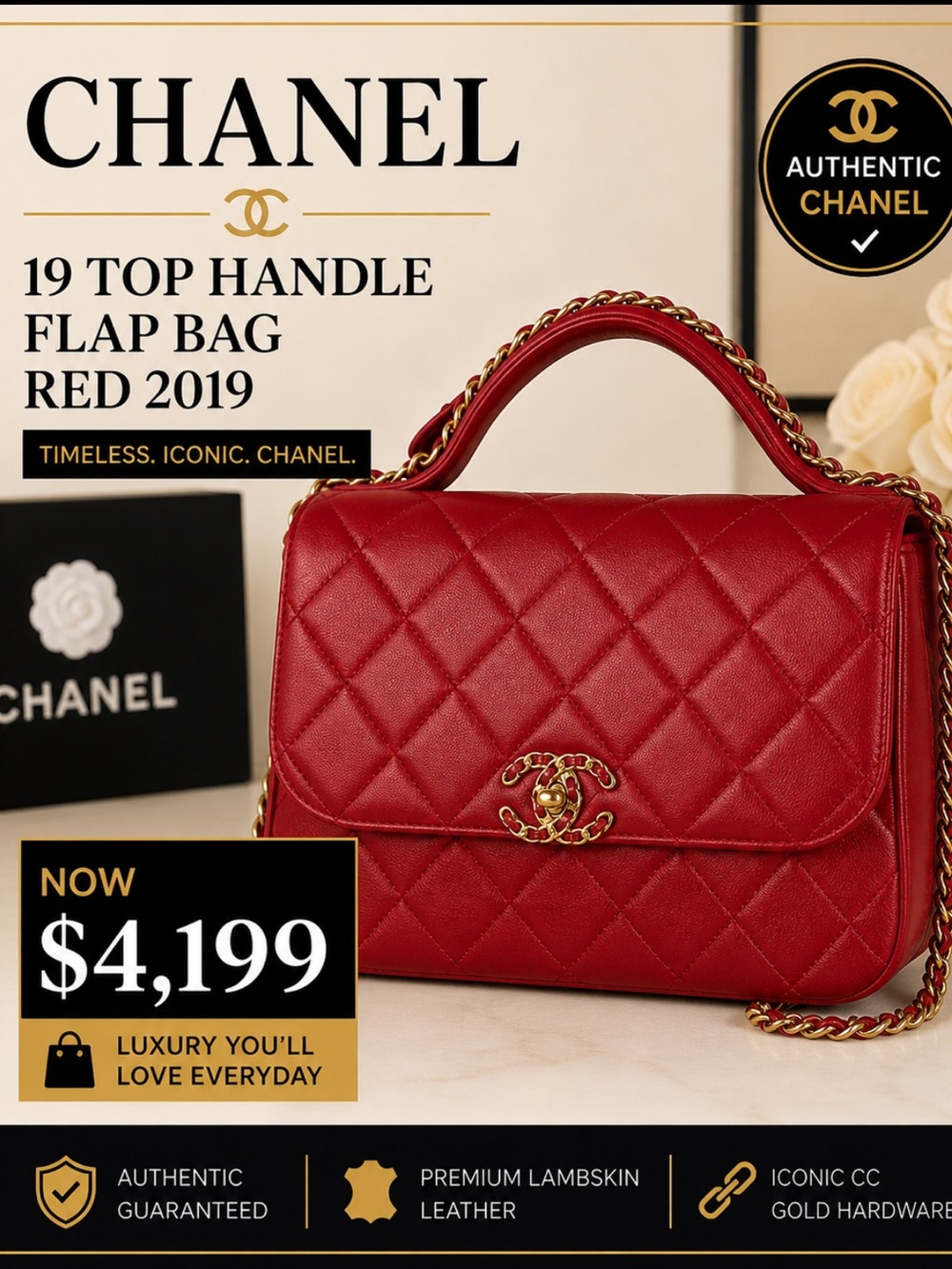 CHANEL 19 TOP HANDLE FLAP BAG RED 2019 AUTHENTIC